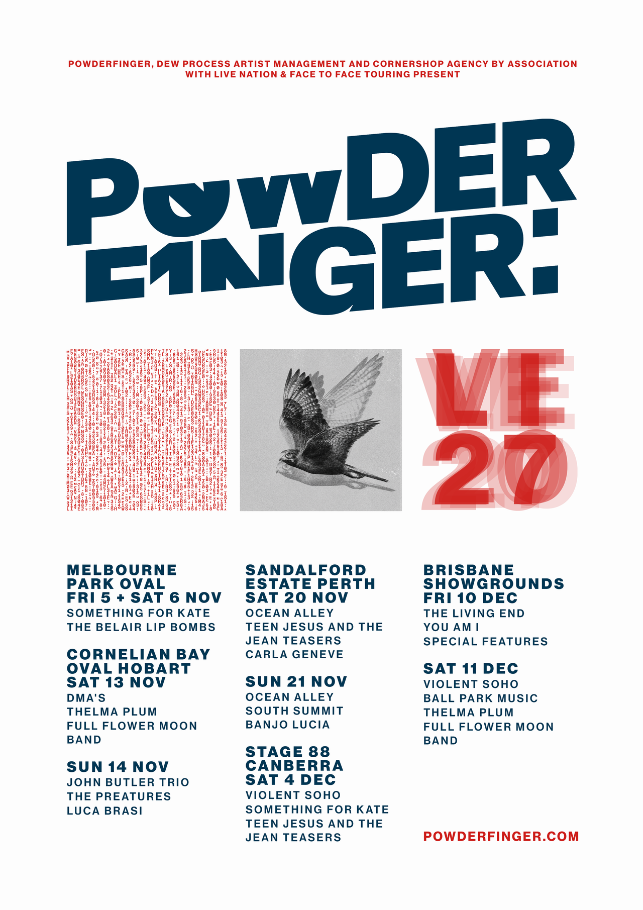Powderfinger tour poster featuring concert dates and locations for Melbourne, Hobart, Perth, Canberra, and Brisbane.